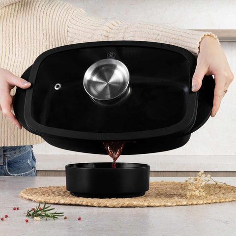  BH/8779, Asador con tapa de cristal y botón de aroma, Negro mate, Asador con tapa de cristal, Aluminio fundido, Asador, Botón de aroma, Utensilios para hornear, Horneado