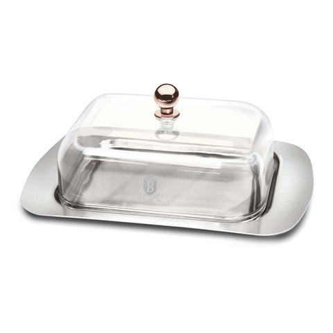 Product image of Butter dish with lid. Part of the Metallic Line Rose Gold Edition . Features: • Material: stainless steel, plastic • Size: 18,7*12,3*7,8 cm. (Conceptual view). Official Berlinger Haus product, boosted by Promintra sl.