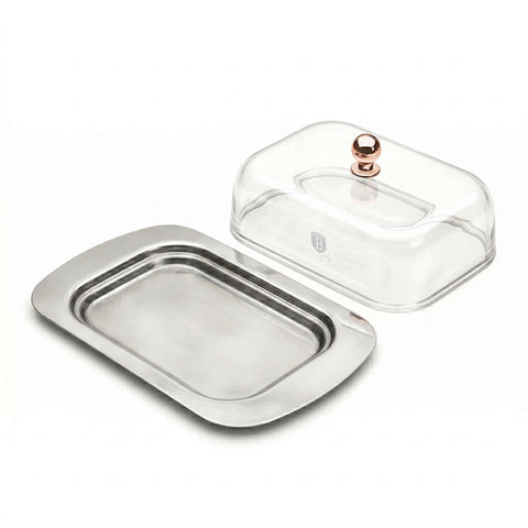 Product image of Butter dish with lid. Part of the Metallic Line Rose Gold Edition . Features: • Material: stainless steel, plastic • Size: 18,7*12,3*7,8 cm. (Conceptual view). Official Berlinger Haus product, boosted by Promintra sl.