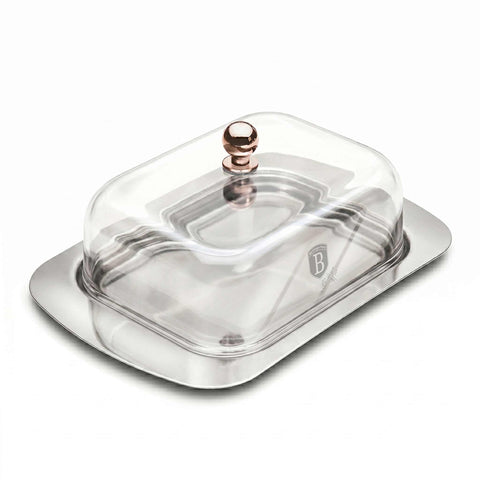 Product image of Butter dish with lid. Part of the Metallic Line Rose Gold Edition . Features: • Material: stainless steel, plastic • Size: 18,7*12,3*7,8 cm. (Conceptual view). Official Berlinger Haus product, boosted by Promintra sl.