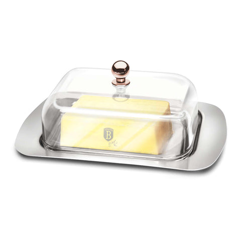 Product image of Butter dish with lid. Part of the Metallic Line Rose Gold Edition . Features: • Material: stainless steel, plastic • Size: 18,7*12,3*7,8 cm. (Conceptual view). Official Berlinger Haus product, boosted by Promintra sl.