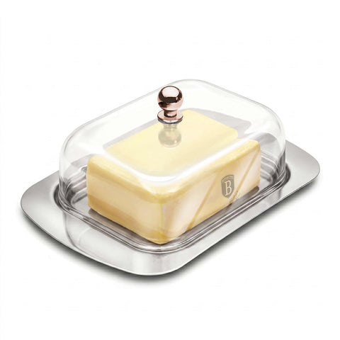 Product image of Butter dish with lid. Part of the Metallic Line Rose Gold Edition . Features: • Material: stainless steel, plastic • Size: 18,7*12,3*7,8 cm. (Conceptual view). Official Berlinger Haus product, boosted by Promintra sl.