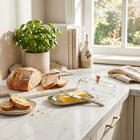 Product image of Butter dish with lid. Part of the Metallic Line Rose Gold Edition . Features: • Material: stainless steel, plastic • Size: 18,7*12,3*7,8 cm. (Conceptual view). Official Berlinger Haus product, boosted by Promintra sl.