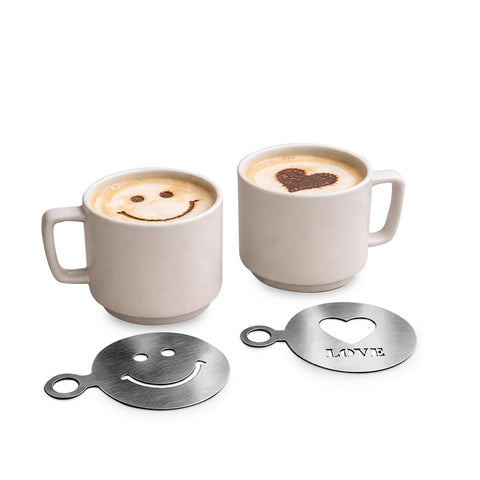 Product image of Coffee stencil. Part of the kitchen accessories . Features: • Material: stainless steel • Smile stencil: 8,5*12 cm • Heart stencil: 8*11 cm • Color: stainless steel. (Studio view). Official Berlinger Haus product, boosted by Promintra sl.