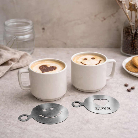 Product image of Coffee stencil. Part of the kitchen accessories . Features: • Material: stainless steel • Smile stencil: 8,5*12 cm • Heart stencil: 8*11 cm • Color: stainless steel. (Studio view). Official Berlinger Haus product, boosted by Promintra sl.
