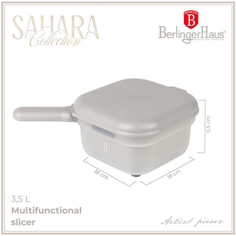 Product image of Multifunctional slicer. Part of the Sahara Collection . Features: • Material: stainless steel, plastic • Capacity: 1,5 L • Size: 18*18*11,5 cm • With 3 different blades • Color: cream. (Studio view). Official Berlinger Haus product, boosted by Promintra sl.