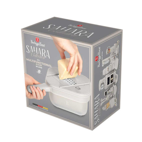 Product image of Multifunctional slicer. Part of the Sahara Collection . Features: • Material: stainless steel, plastic • Capacity: 1,5 L • Size: 18*18*11,5 cm • With 3 different blades • Color: cream. (Studio view). Official Berlinger Haus product, boosted by Promintra sl.