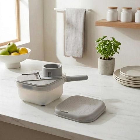 Product image of Multifunctional slicer. Part of the Sahara Collection . Features: • Material: stainless steel, plastic • Capacity: 1,5 L • Size: 18*18*11,5 cm • With 3 different blades • Color: cream. (Studio view). Official Berlinger Haus product, boosted by Promintra sl.