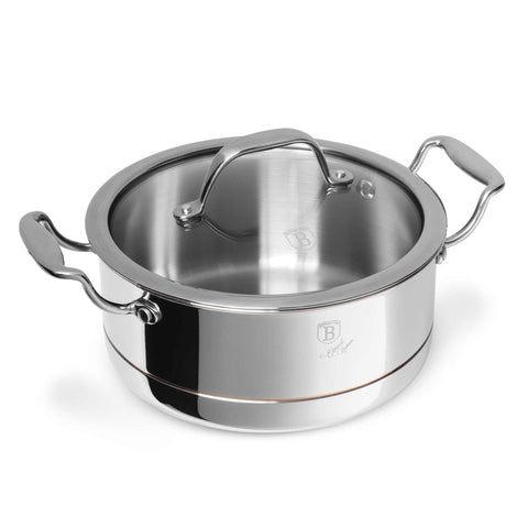 Product image of Casserole with lid 20cm. Part of the Copper Touch Collection . Features: • Material: stainless steel, aluminium, copper • Size: 20*9,5 cm • Color: stainless steel with copper line. (Studio view). Official Berlinger Haus product, boosted by Promintra sl.
