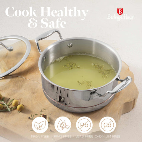 Product image of Casserole with lid 20cm. Part of the Copper Touch Collection . Features: • Material: stainless steel, aluminium, copper • Size: 20*9,5 cm • Color: stainless steel with copper line. (Studio view). Official Berlinger Haus product, boosted by Promintra sl.