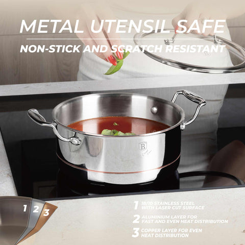Product image of Casserole with lid 20cm. Part of the Copper Touch Collection . Features: • Material: stainless steel, aluminium, copper • Size: 20*9,5 cm • Color: stainless steel with copper line. (Studio view). Official Berlinger Haus product, boosted by Promintra sl.