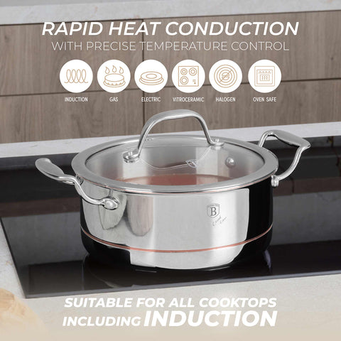 Product image of Casserole with lid 20cm. Part of the Copper Touch Collection . Features: • Material: stainless steel, aluminium, copper • Size: 20*9,5 cm • Color: stainless steel with copper line. (Studio view). Official Berlinger Haus product, boosted by Promintra sl.