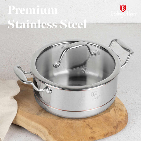 Product image of Casserole with lid 20cm. Part of the Copper Touch Collection . Features: • Material: stainless steel, aluminium, copper • Size: 20*9,5 cm • Color: stainless steel with copper line. (Studio view). Official Berlinger Haus product, boosted by Promintra sl.
