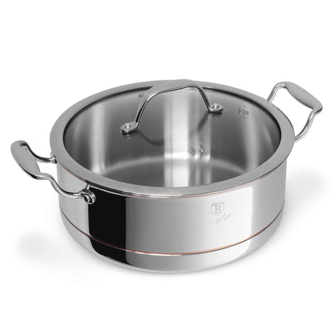 Product image of Casserole with lid 24cm. Part of the Copper Touch Collection . Features: • Material: stainless steel, aluminium, copper • Size: 24*10 cm • Color: stainless steel with copper line. (Studio view). Official Berlinger Haus product, boosted by Promintra sl.