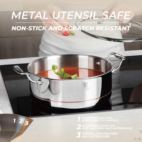 Product image of Casserole with lid 24cm. Part of the Copper Touch Collection . Features: • Material: stainless steel, aluminium, copper • Size: 24*10 cm • Color: stainless steel with copper line. (Studio view). Official Berlinger Haus product, boosted by Promintra sl.