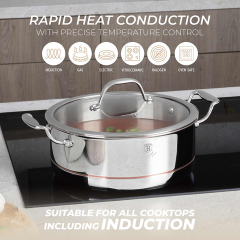 Product image of Casserole with lid 24cm. Part of the Copper Touch Collection . Features: • Material: stainless steel, aluminium, copper • Size: 24*10 cm • Color: stainless steel with copper line. (Studio view). Official Berlinger Haus product, boosted by Promintra sl.