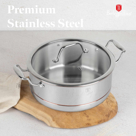 Product image of Casserole with lid 24cm. Part of the Copper Touch Collection . Features: • Material: stainless steel, aluminium, copper • Size: 24*10 cm • Color: stainless steel with copper line. (Studio view). Official Berlinger Haus product, boosted by Promintra sl.