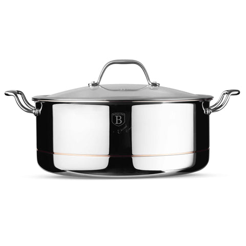 Product image of Casserole with lid 28cm. Part of the Copper Touch Collection . Features: • Material: stainless steel, aluminium, copper • Size: 28*11,5 cm • Color: stainless steel with copper line. (Studio view). Official Berlinger Haus product, boosted by Promintra sl.