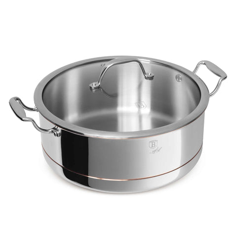 Product image of Casserole with lid 28cm. Part of the Copper Touch Collection . Features: • Material: stainless steel, aluminium, copper • Size: 28*11,5 cm • Color: stainless steel with copper line. (Studio view). Official Berlinger Haus product, boosted by Promintra sl.