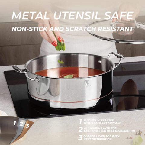 Product image of Casserole with lid 28cm. Part of the Copper Touch Collection . Features: • Material: stainless steel, aluminium, copper • Size: 28*11,5 cm • Color: stainless steel with copper line. (Studio view). Official Berlinger Haus product, boosted by Promintra sl.