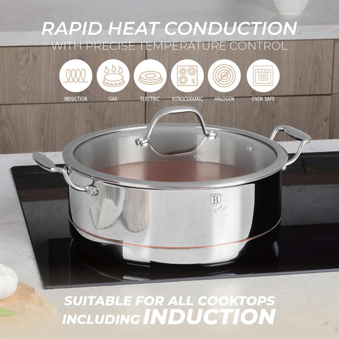 Product image of Casserole with lid 28cm. Part of the Copper Touch Collection . Features: • Material: stainless steel, aluminium, copper • Size: 28*11,5 cm • Color: stainless steel with copper line. (Studio view). Official Berlinger Haus product, boosted by Promintra sl.