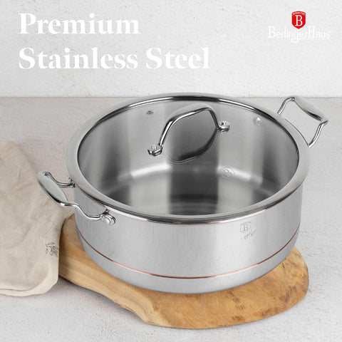 Product image of Casserole with lid 28cm. Part of the Copper Touch Collection . Features: • Material: stainless steel, aluminium, copper • Size: 28*11,5 cm • Color: stainless steel with copper line. (Studio view). Official Berlinger Haus product, boosted by Promintra sl.