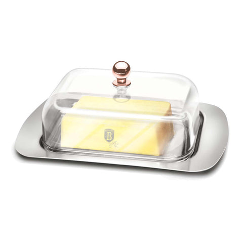 Product image of Butter dish with acrylic lid. Part of the Metallic Line Rose Gold Edition . Features: • Material: stainless steel / acryl • Size: 18,7*12,3*7,8 cm. (Conceptual view). Official Berlinger Haus product, boosted by Promintra sl.