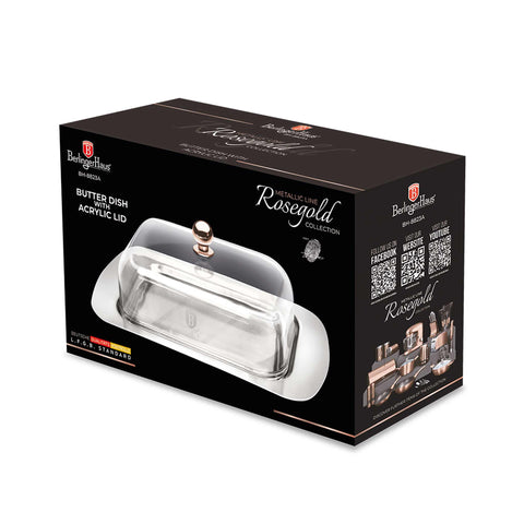 Product image of Butter dish with acrylic lid. Part of the Metallic Line Rose Gold Edition . Features: • Material: stainless steel / acryl • Size: 18,7*12,3*7,8 cm. (Conceptual view). Official Berlinger Haus product, boosted by Promintra sl.