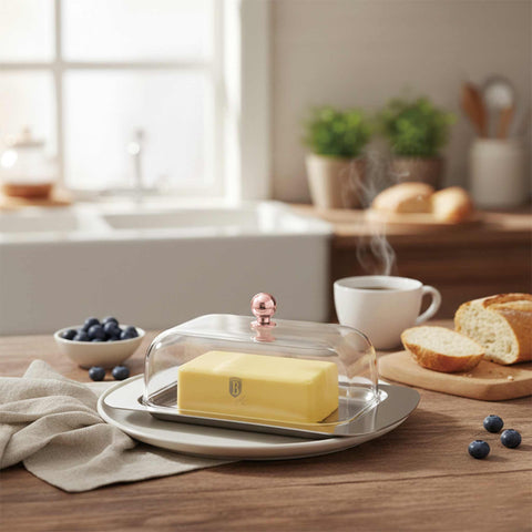 Product image of Butter dish with acrylic lid. Part of the Metallic Line Rose Gold Edition . Features: • Material: stainless steel / acryl • Size: 18,7*12,3*7,8 cm. (Conceptual view). Official Berlinger Haus product, boosted by Promintra sl.
