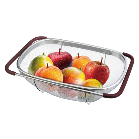 Product image of Flexible mesh basket with adjustable handles. Part of the kitchen accessories . Features: • Material: 18/10 stainless steel • Size: 34*24*11 cm. (Studio view). Official Berlinger Haus product, boosted by Promintra sl.