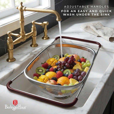 Product image of Flexible mesh basket with adjustable handles. Part of the kitchen accessories . Features: • Material: 18/10 stainless steel • Size: 34*24*11 cm. (Studio view). Official Berlinger Haus product, boosted by Promintra sl.