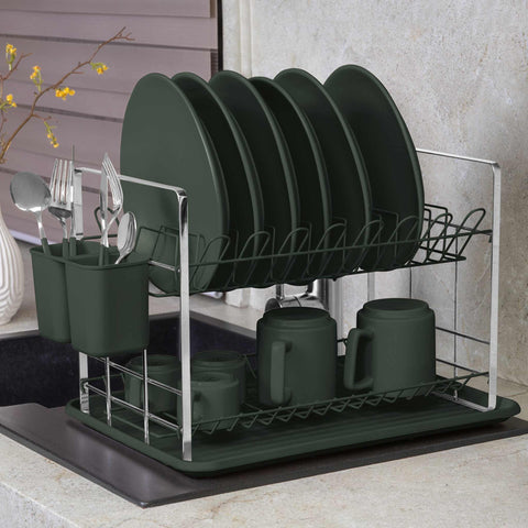 Product image of Dish rack. Part of the Matte Green Collection . Features: • Material: plastic, iron • Size: 48*32*29 cm • Color: matt green. (Conceptual view). Official Berlinger Haus product, boosted by Promintra sl.