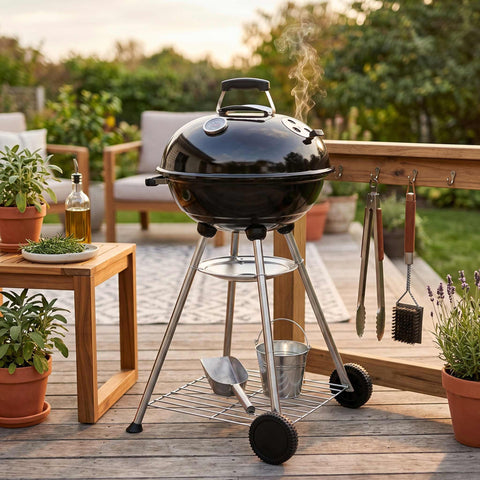 Product image of Kettle grill. Part of the outdoor . Features: • Material: steel, chrome, aluminium • Size: 61,5*48*86 cm • Accessories, features: • Enamel coated firebowl Ø47 cm • Cooking grid with handle Ø44,.... (Studio view). Official Berlinger Haus product, boosted by Promintra sl.