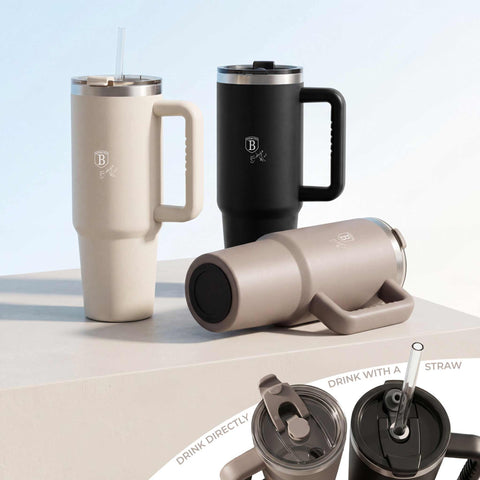 Product image of Thermo mug 1L. Part of the Sahara Collection . Features: • Material: 18/10 stainless steel, cap: plastic, with matt powder coating • Capacity: 1 L • Accessories: • 30 cm straw • Color: matt cream • Packin.... (Studio view). Official Berlinger Haus product, boosted by Promintra sl.