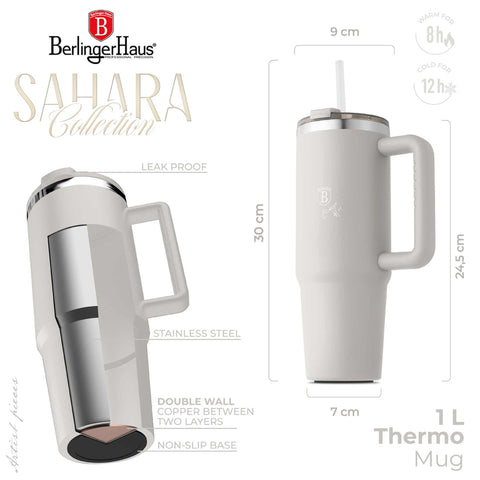 Product image of Thermo mug 1L. Part of the Sahara Collection . Features: • Material: 18/10 stainless steel, cap: plastic, with matt powder coating • Capacity: 1 L • Accessories: • 30 cm straw • Color: matt cream • Packin.... (Studio view). Official Berlinger Haus product, boosted by Promintra sl.