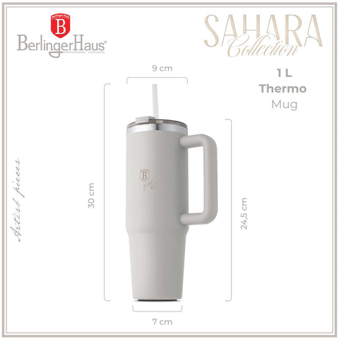 Product image of Thermo mug 1L. Part of the Sahara Collection . Features: • Material: 18/10 stainless steel, cap: plastic, with matt powder coating • Capacity: 1 L • Accessories: • 30 cm straw • Color: matt cream • Packin.... (Studio view). Official Berlinger Haus product, boosted by Promintra sl.