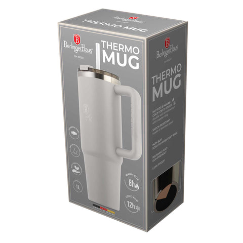 Product image of Thermo mug 1L. Part of the Sahara Collection . Features: • Material: 18/10 stainless steel, cap: plastic, with matt powder coating • Capacity: 1 L • Accessories: • 30 cm straw • Color: matt cream • Packin.... (Studio view). Official Berlinger Haus product, boosted by Promintra sl.