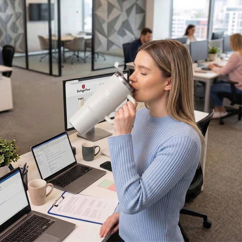 Product image of Thermo mug 1L. Part of the Sahara Collection . Features: • Material: 18/10 stainless steel, cap: plastic, with matt powder coating • Capacity: 1 L • Accessories: • 30 cm straw • Color: matt cream • Packin.... (Studio view). Official Berlinger Haus product, boosted by Promintra sl.