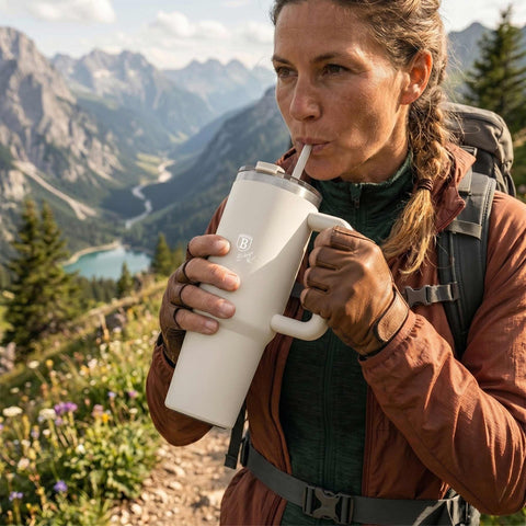 Product image of Thermo mug 1L. Part of the Sahara Collection . Features: • Material: 18/10 stainless steel, cap: plastic, with matt powder coating • Capacity: 1 L • Accessories: • 30 cm straw • Color: matt cream • Packin.... (Studio view). Official Berlinger Haus product, boosted by Promintra sl.