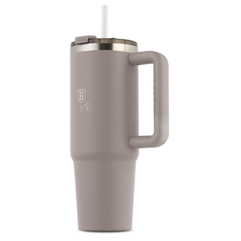 Product image of Thermo mug 1L. Part of the Taupe Collection . Features: • Material: 18/10 stainless steel, cap: plastic, with matt powder coating • Capacity: 1 L • Accessories: • 30 cm straw • Color: matt taupe • Packin.... (Studio view). Official Berlinger Haus product, boosted by Promintra sl.