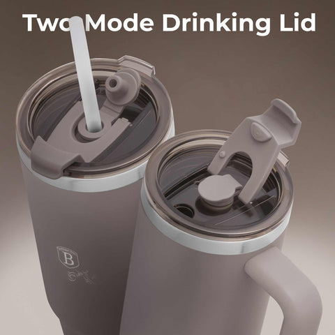 Product image of Thermo mug 1L. Part of the Taupe Collection . Features: • Material: 18/10 stainless steel, cap: plastic, with matt powder coating • Capacity: 1 L • Accessories: • 30 cm straw • Color: matt taupe • Packin.... (Studio view). Official Berlinger Haus product, boosted by Promintra sl.
