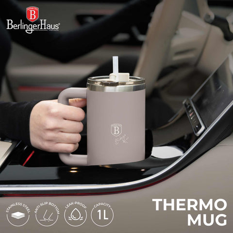 Product image of Thermo mug 1L. Part of the Taupe Collection . Features: • Material: 18/10 stainless steel, cap: plastic, with matt powder coating • Capacity: 1 L • Accessories: • 30 cm straw • Color: matt taupe • Packin.... (Studio view). Official Berlinger Haus product, boosted by Promintra sl.
