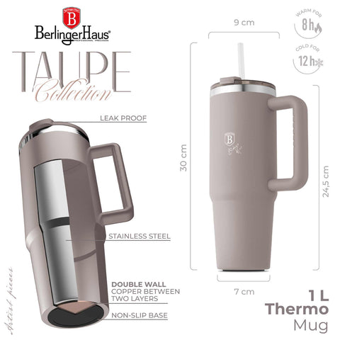 Product image of Thermo mug 1L. Part of the Taupe Collection . Features: • Material: 18/10 stainless steel, cap: plastic, with matt powder coating • Capacity: 1 L • Accessories: • 30 cm straw • Color: matt taupe • Packin.... (Studio view). Official Berlinger Haus product, boosted by Promintra sl.