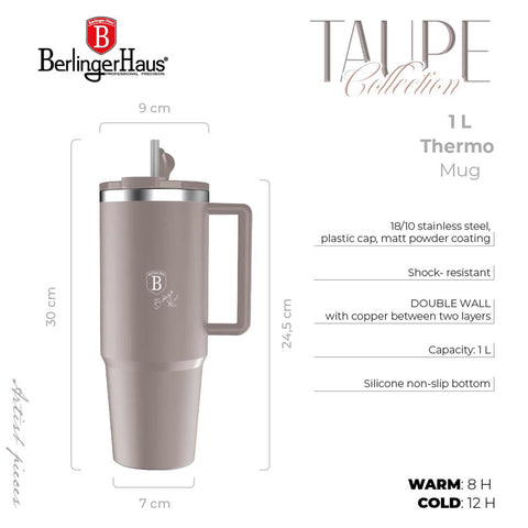 Product image of Thermo mug 1L. Part of the Taupe Collection . Features: • Material: 18/10 stainless steel, cap: plastic, with matt powder coating • Capacity: 1 L • Accessories: • 30 cm straw • Color: matt taupe • Packin.... (Studio view). Official Berlinger Haus product, boosted by Promintra sl.