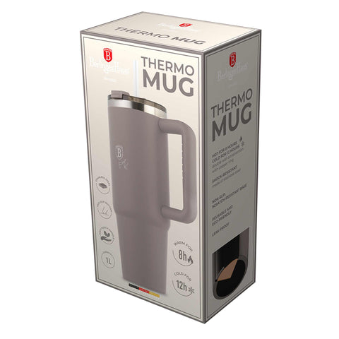 Product image of Thermo mug 1L. Part of the Taupe Collection . Features: • Material: 18/10 stainless steel, cap: plastic, with matt powder coating • Capacity: 1 L • Accessories: • 30 cm straw • Color: matt taupe • Packin.... (Studio view). Official Berlinger Haus product, boosted by Promintra sl.