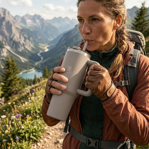 Product image of Thermo mug 1L. Part of the Taupe Collection . Features: • Material: 18/10 stainless steel, cap: plastic, with matt powder coating • Capacity: 1 L • Accessories: • 30 cm straw • Color: matt taupe • Packin.... (Studio view). Official Berlinger Haus product, boosted by Promintra sl.