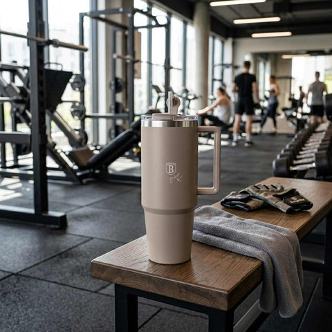 Product image of Thermo mug 1L. Part of the Taupe Collection . Features: • Material: 18/10 stainless steel, cap: plastic, with matt powder coating • Capacity: 1 L • Accessories: • 30 cm straw • Color: matt taupe • Packin.... (Studio view). Official Berlinger Haus product, boosted by Promintra sl.