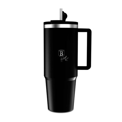 Product image of Thermo mug 1L. Part of the Matte Black Collection . Features: • Material: 18/10 stainless steel, cap: plastic, with matt powder coating • Capacity: 1 L • Accessories: • 30 cm straw • Color: black • Packing: ha.... (Studio view). Official Berlinger Haus product, boosted by Promintra sl.