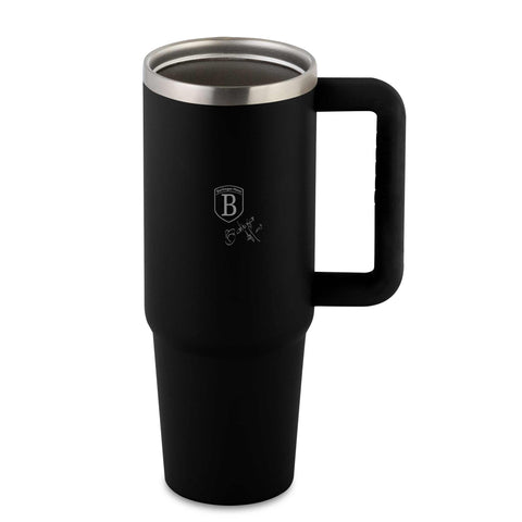 Product image of Thermo mug 1L. Part of the Matte Black Collection . Features: • Material: 18/10 stainless steel, cap: plastic, with matt powder coating • Capacity: 1 L • Accessories: • 30 cm straw • Color: black • Packing: ha.... (Studio view). Official Berlinger Haus product, boosted by Promintra sl.