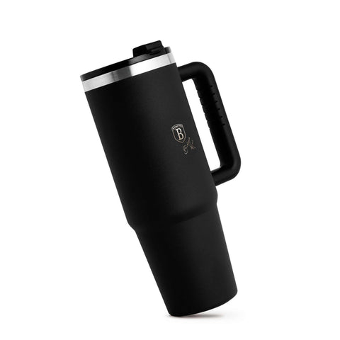 Product image of Thermo mug 1L. Part of the Matte Black Collection . Features: • Material: 18/10 stainless steel, cap: plastic, with matt powder coating • Capacity: 1 L • Accessories: • 30 cm straw • Color: black • Packing: ha.... (Studio view). Official Berlinger Haus product, boosted by Promintra sl.